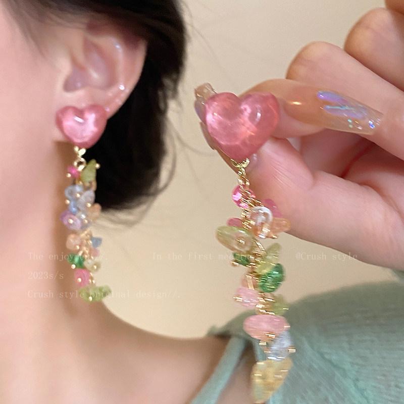 Heart Beaded Ear Clip - Pink, 2026 New Style, Trendy Sweet Seaside Vacation Earrings