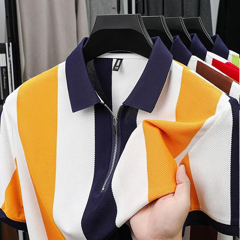 Men Casual Striped Polo Shirt Contrast Collar Waffle Knit Tee