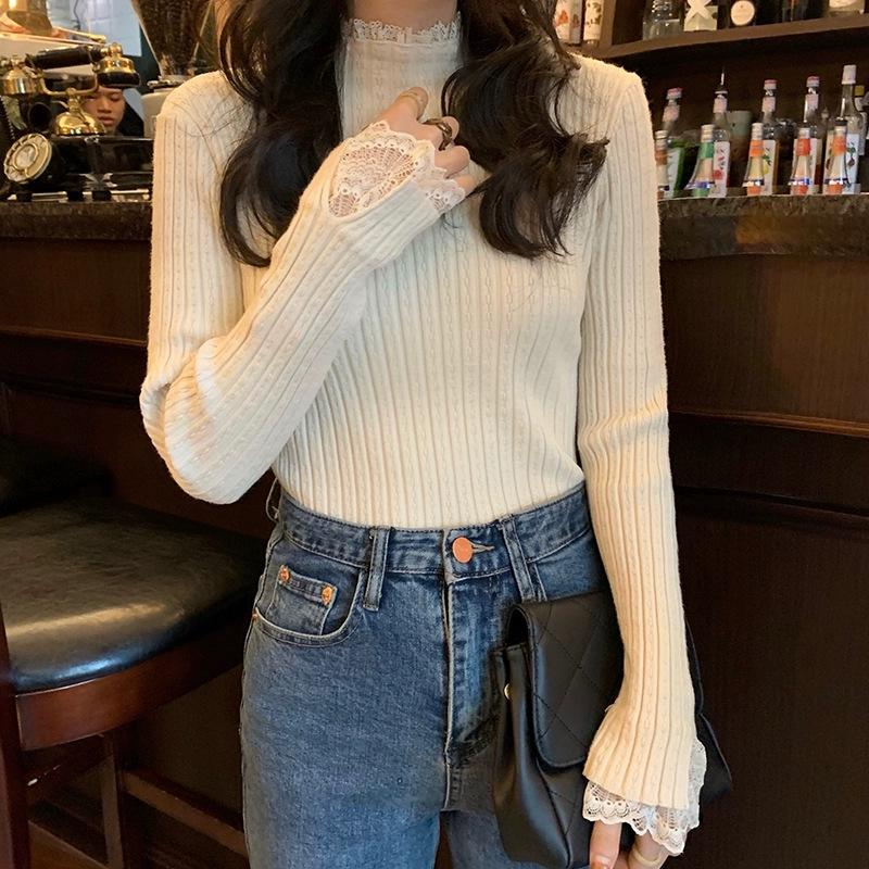 Spring Autumn Semi-turtleneck New Lace Pullover Long Sleeved Sweater Fashion Long Sleeve Women Knitted Bottoming Shirt Elegant Simple Slim Fit Top