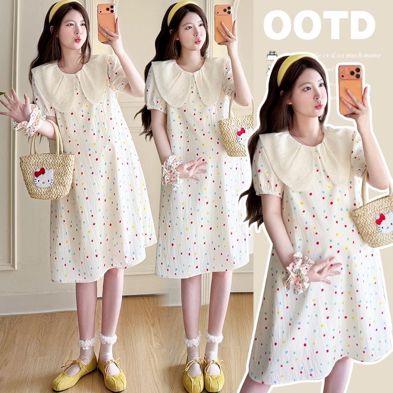 2026 Summer Polka Dot Doll Collar Maternity Dress - Petite and Cute L