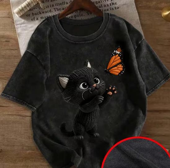 

Ladies Cat Print Pattern Washed and Worn Tshirt for Spring and Summer Short Sleeves Washed and Worn Tshirts S