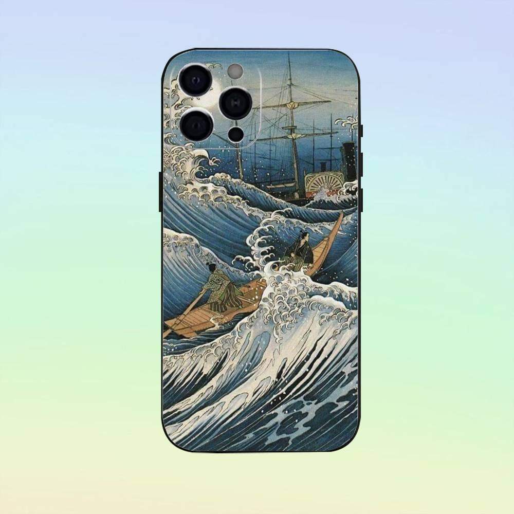 

Ukiyo-e Ocean W-Waves Creative Phone Case Silicone Soft For IPhone 17 16 15 14 13 12 11 Black Soft Silicone case iPhone12PROMAX