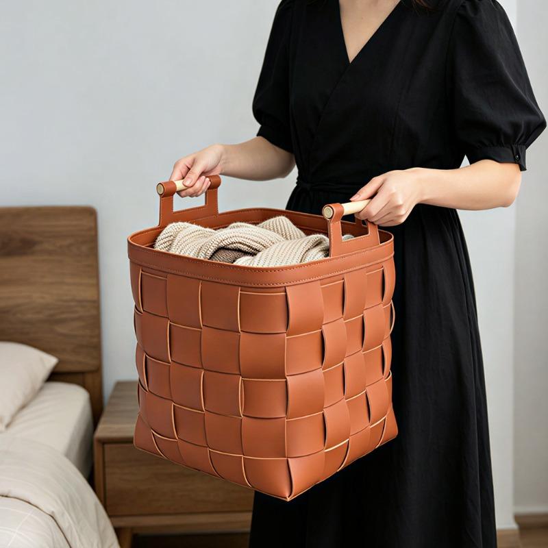 Tkaný úložný koš z koňské kůže, Vintage ratanový košík na nákupy, Velkokapacitní domácí organizér na nepořádek, Ekologický
