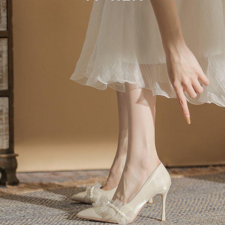 New Korean version with skirt versatile wedding high heels lady elegant beaded stiletto bridesmaid shoes