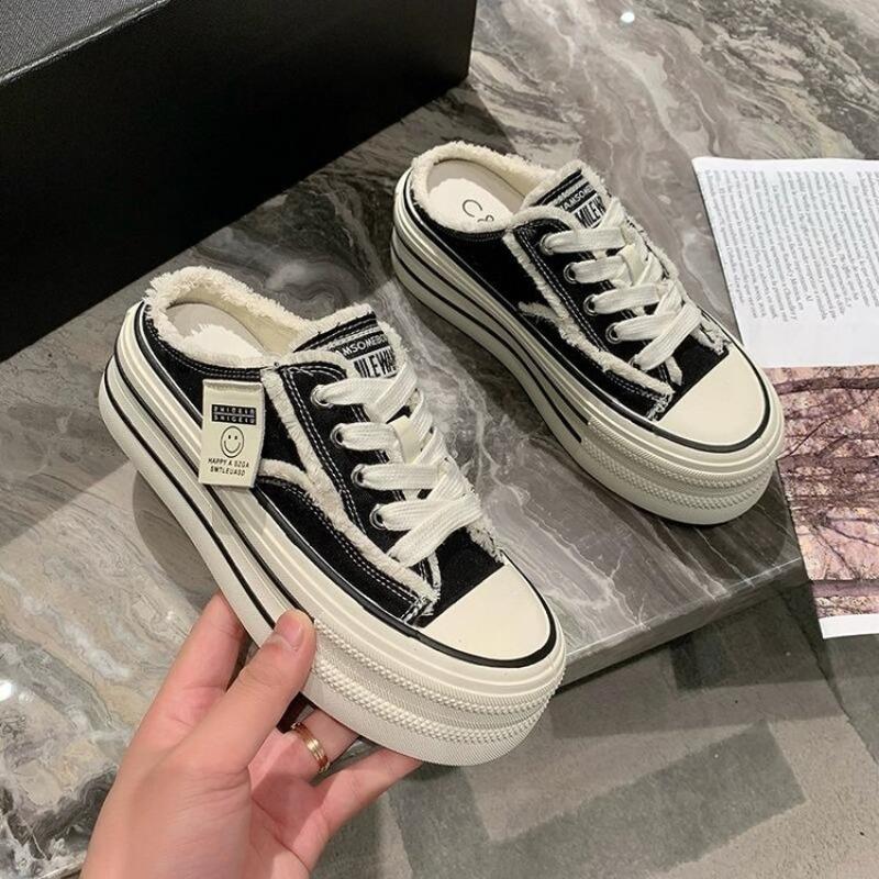 

One pedal new casual outer wear canvas single shoes women s lace-up platform fashion half slippers 35 чёрный