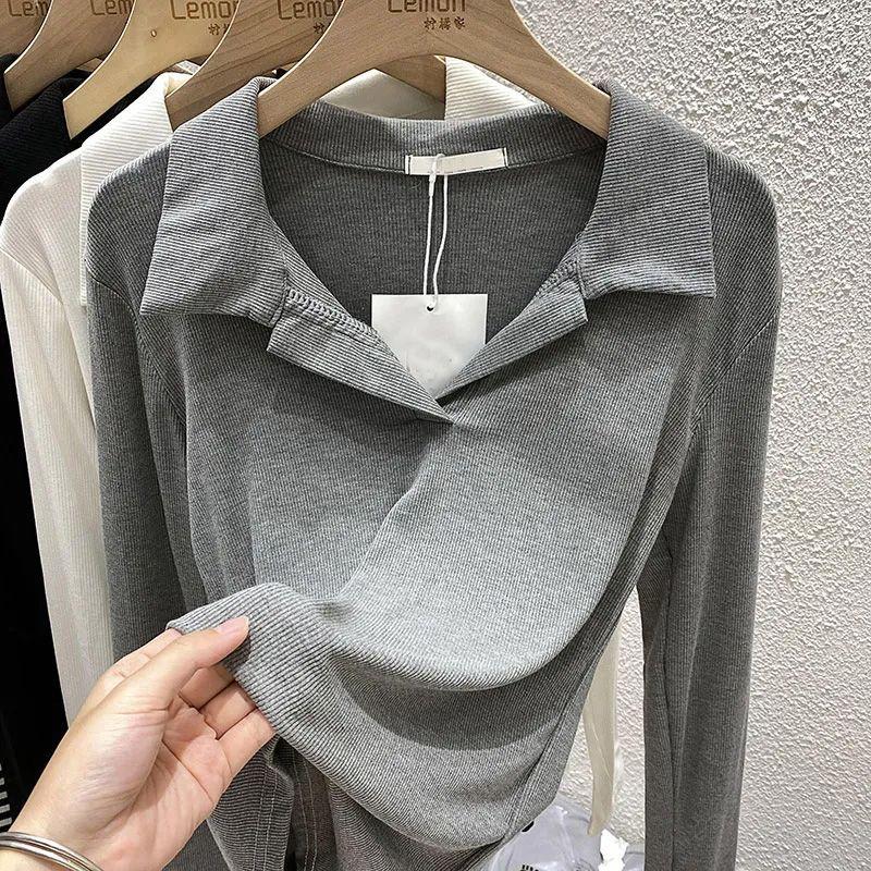 Women's Long-Sleeve Ribbed T-Shirt Autumn Winter Slim-Fit Polo Collar Base Shirt Knitted Pullover Top