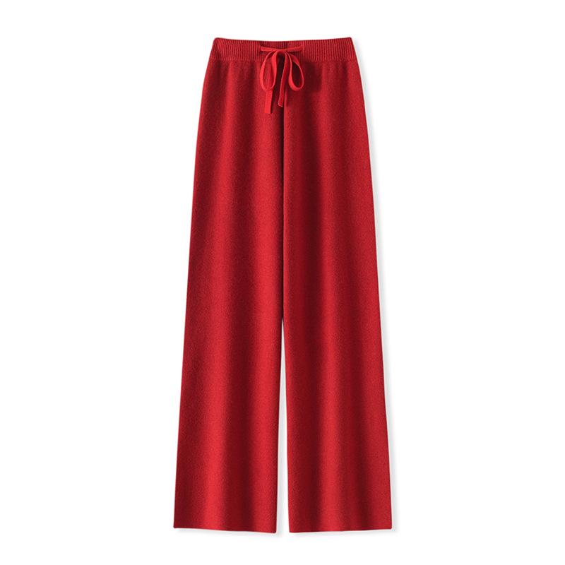 Women's High-Waist Wool Wide-Leg Pants: Autumn/Winter, Thick & Warm, Casual, Long, Knitted, Straight-Leg.