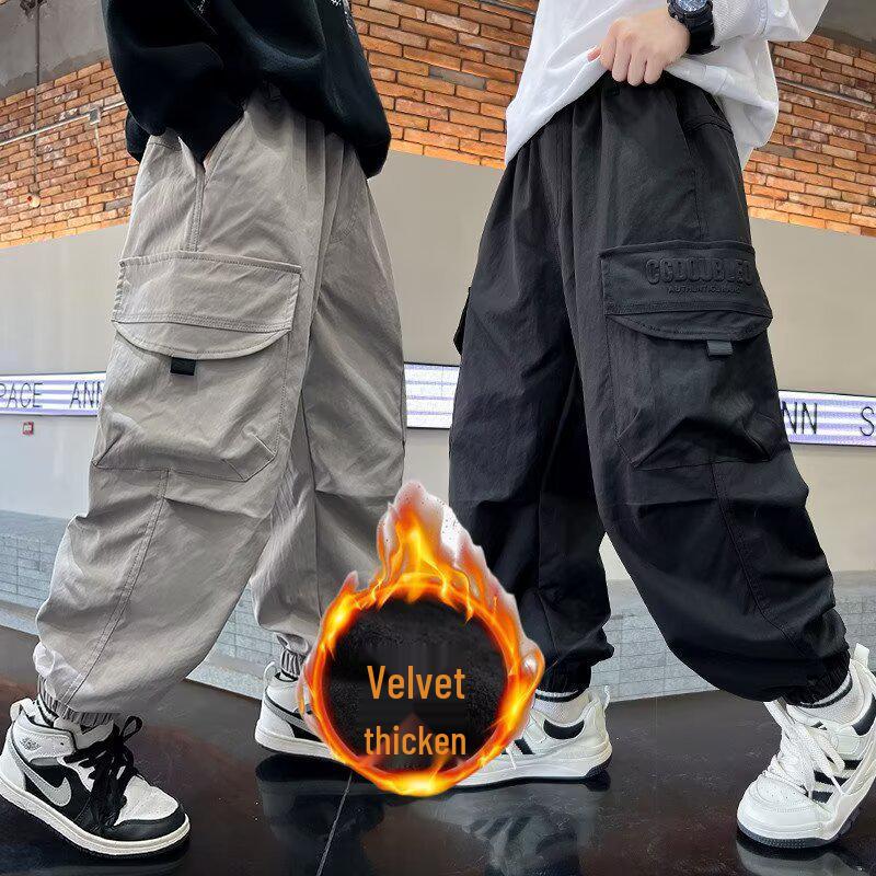 Trendy Boys' Cargo Pants - Casual, Loose Fit, Plus Velvet for Spring, Autumn, Winter