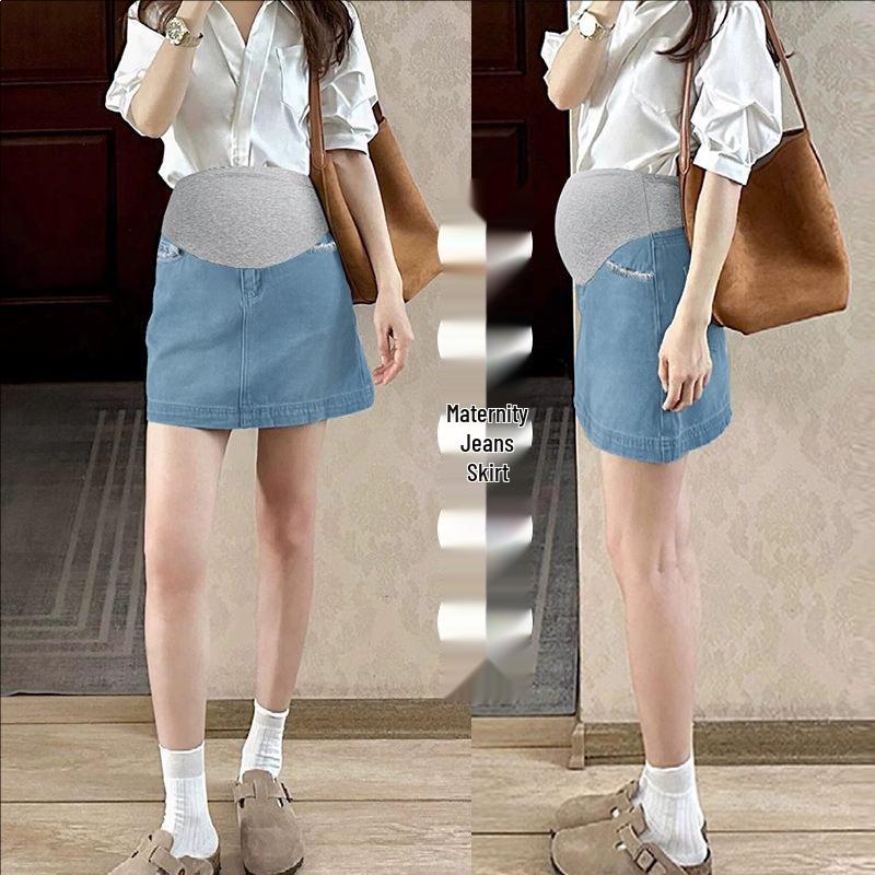 

Petite Sweet & Spicy Maternity Denim Shorts: Women s Casual A-line Tummy Support Skirt for Summer. L світло-синій колір