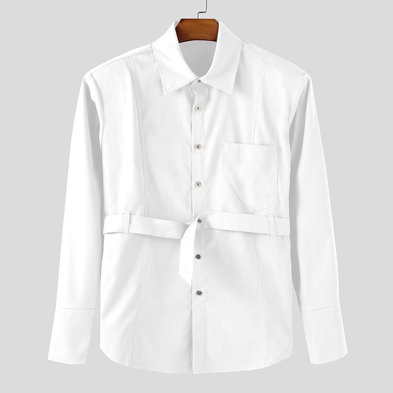 INCERUN S-5XL Men Casual Lapel Neck Long Sleeve Buttons Up Belt Shirts Tops