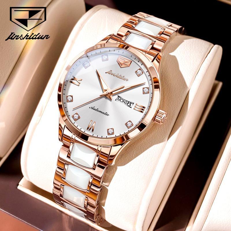 JINSHIDUN-merkeklokker Diamantbelagt romersk automatisk mekanisk klokke Vanntett dameklokke dameklokke