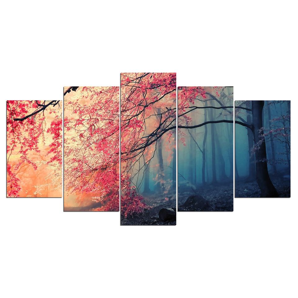 

ArtSailing Плакат HD Печать Современное Настенное Искусство Холст Для Гостиной 5 Шт. Фотографии Цветущей Вишни Красные Деревья Лесная живопись 20x35cm*2 20x45cm*2 20x55cm*1