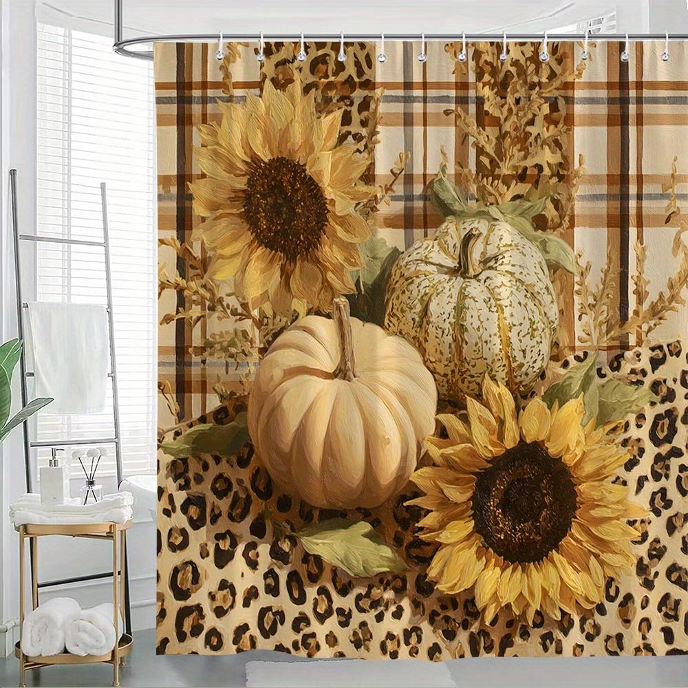 

1Pc Fall Bathroom Shower Curtain With Autumn Sunflowers & Pumpkins Rustic Leopard Print - Polyester Fabric Bath Curtain With 12 W60H190(CM)-1 Pcs