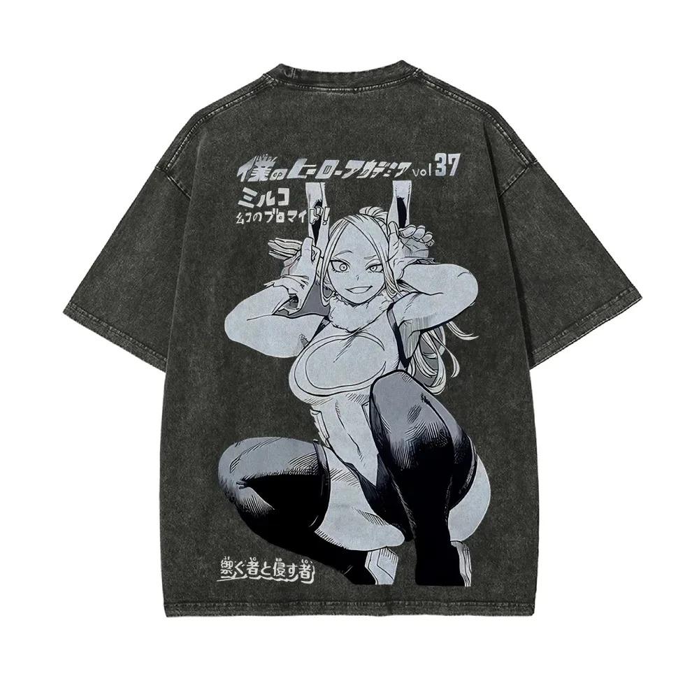 Mirko T-Shirt My Hero Academia Herren Säurewaschung Übergroß Anime Manga Vol. 37 Cover Grafik Baumwolle Streetwear Kaninchenheld Vintage T-Shirt Top