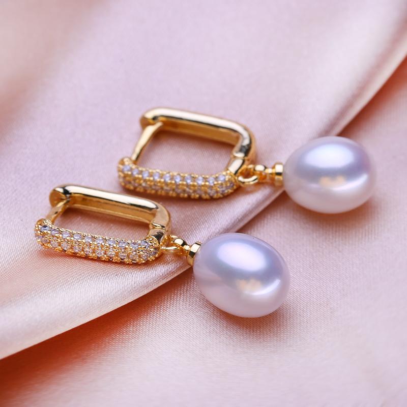 SENIKO 8-9mm Natural Freshwater Pearl Earrings Geometry Design Fashion Cubic Zirconia Clip Earrings For Women Earrings Girl Gift