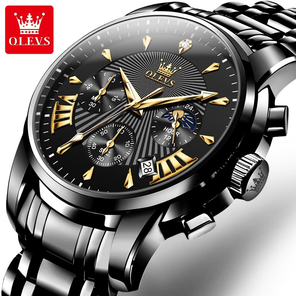 OLEVS Mens Watches Top Brand Luxury Moon Phase 24 Hour Chronograph Quartz Watch Stainless Steel Waterproof Sport Wristwatches