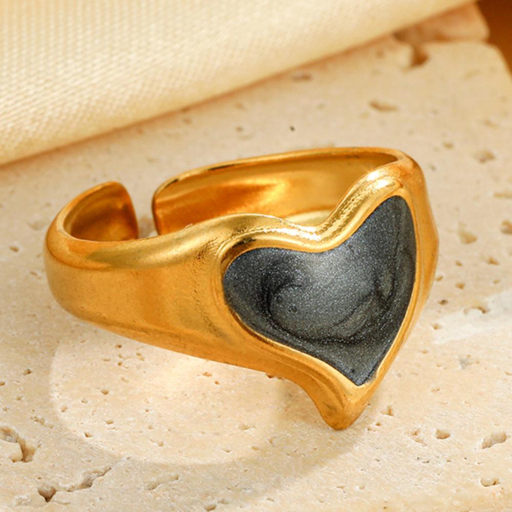 Elegant Heart Enamel Drip Stainless Steel Adjustable Ring - Fashionable, Non-Fading Jewelry for Women