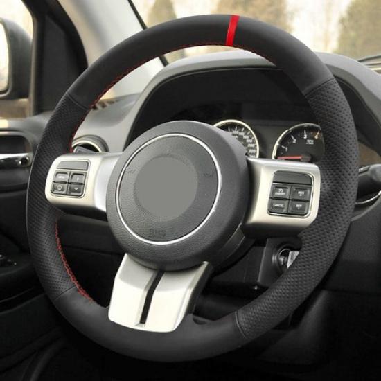 DIY Black-Red strip Steering Wheel Leather Cover Wrap For Jeep Wrangler JK 2018