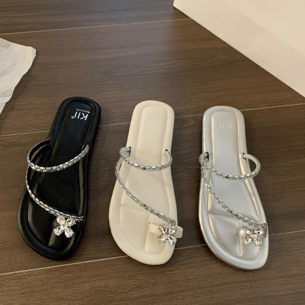 Flat-bottomed French set-toed small cool slippers fairy shoes 2025 new summer soft-soled with skirt rhinestone sandals