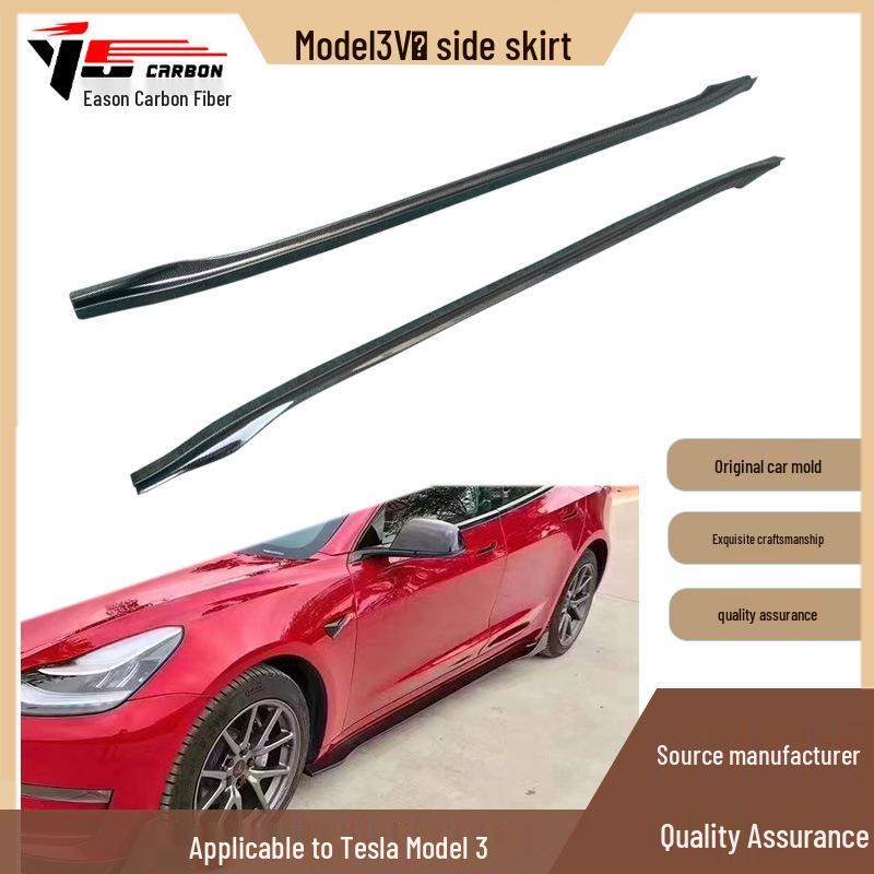 Fits Tesla Model 3, 2018+: V-style Carbon Fiber Side Skirts, Rocker Panels, and Foot Pedals.