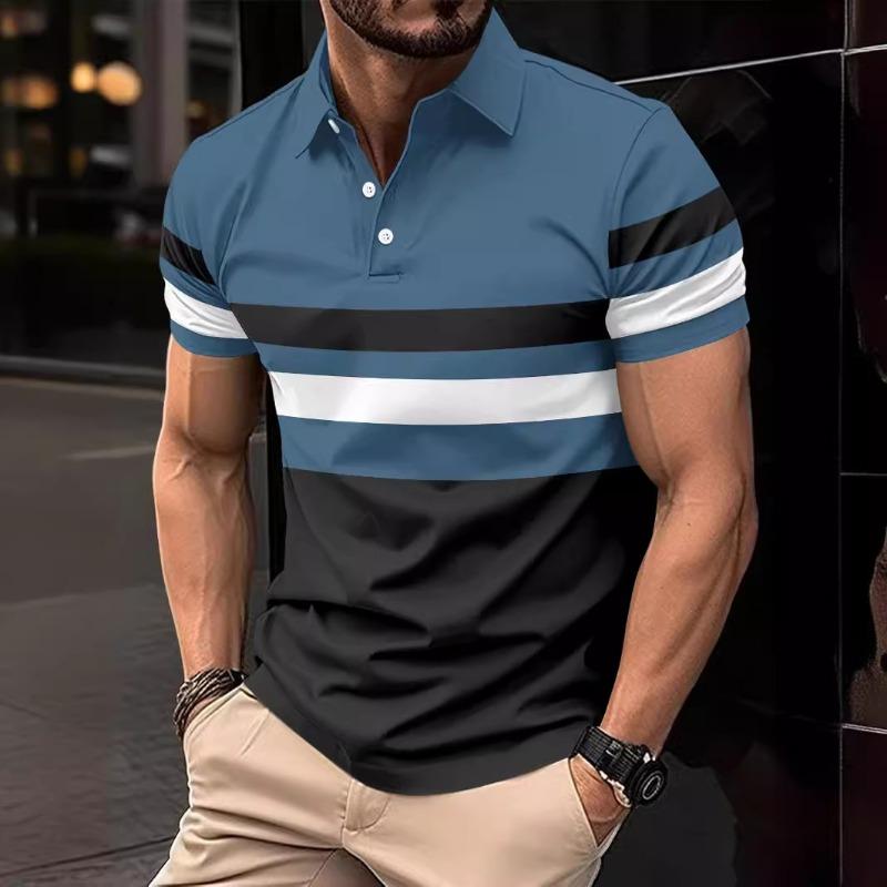 Men Striped Collared Short Sleeve Casual Sports Polo Shirt S синий