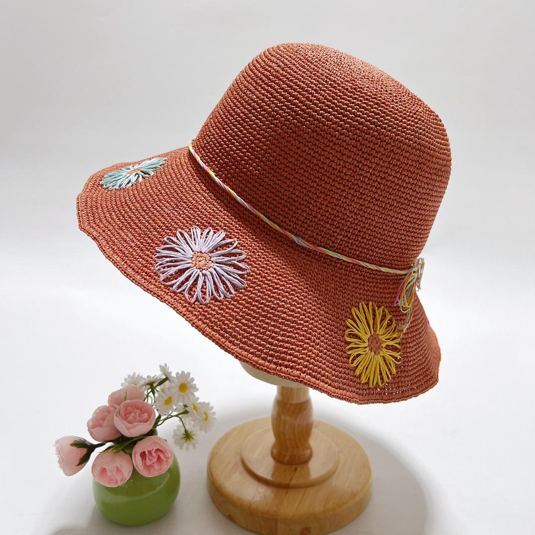 

Fashion Raffia Straw Hat Female Summer Embroidery Flowers Literary Travel Holiday Seaside Beach Hat Sun Protection Big Edge Cap 56-58CM brick червоний колір