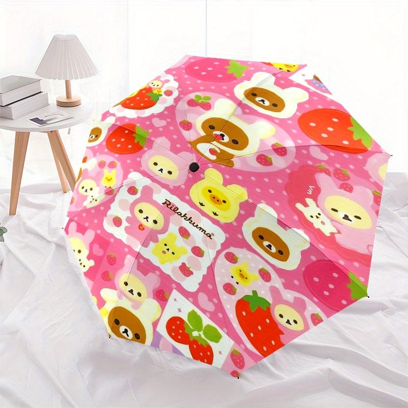 Rilakkuma,Strawberry Automatic Folding Umbrella Simple 8 Rib Design, Bright Cartoon Pattern, Durable Iron Frame, Suitable For Travel, Outdoo