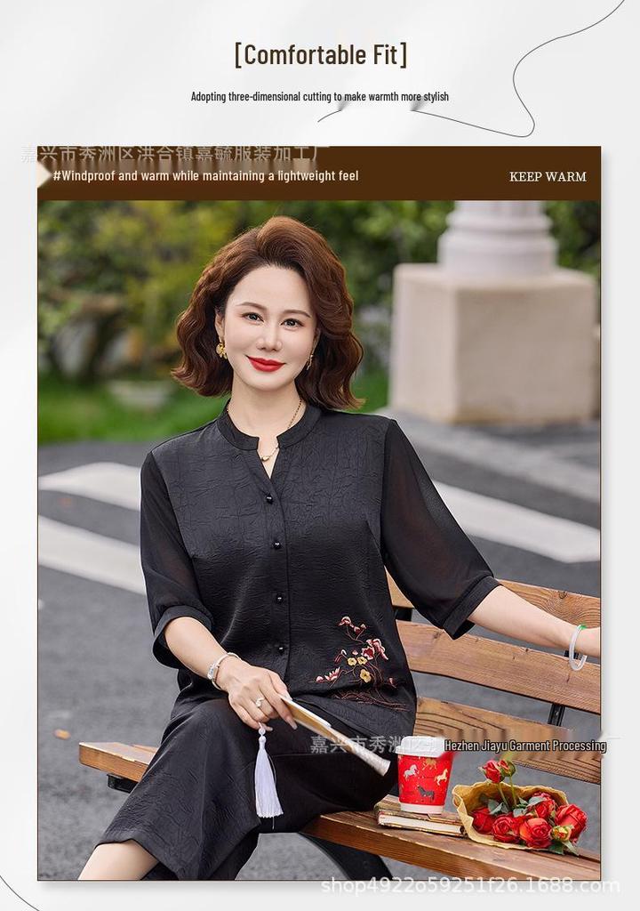 Mom's Stylish 2026 Summer Short-Sleeved Silk Blouse and T-Shirt Set for Middle-Aged and Elderly Women