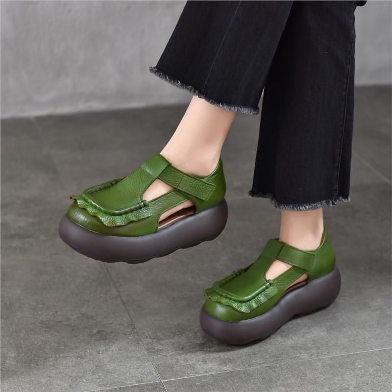 Johnature Retro Genuine Leather Roman Sandals Comfortable And Versatile Round Toe Thick Soled Women's Shoes