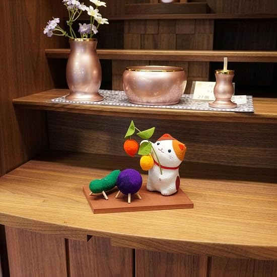 Obon Decoration: Cat Holding a Chinese Lantern, Spirit Horse, and Wooden Base, Rayon Chirimen Fabric