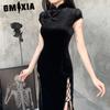 GMXIA Summer Vintage Pure Black Chinese Style Cheongsam Women Fashion Sexy Temperament Slit Dress Women