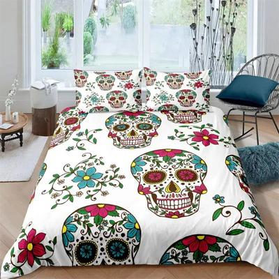 Sugar Skull Duvet Cover Luxury Gothic Skeleton Bedding Set Halloween Theme Floral Comforter Cover Twin Full For Girls Kids Teens