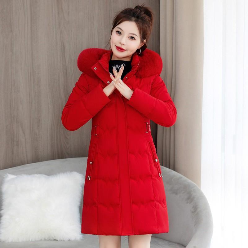 Womens Winter Thick Cotton Coat Mid-Length Solid Color With Removable Faux Fur Collar Elegant Office Style