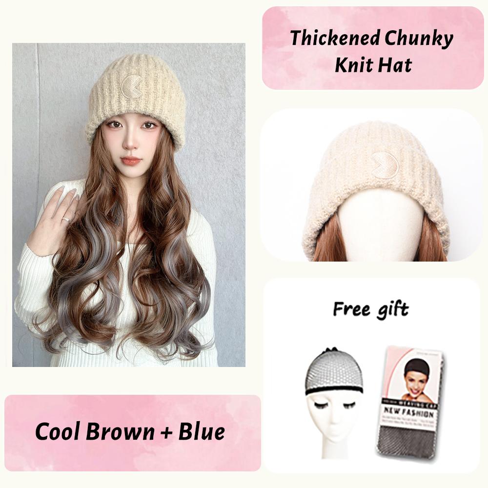 Women's Winter Wig Hat Knitted Hat Long Wave Straight Hair Synthetic Hat Wig