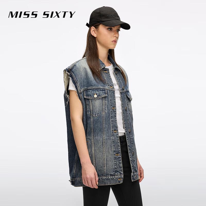 MISS SIXTY Distressed Frayed Hem Denim Vest