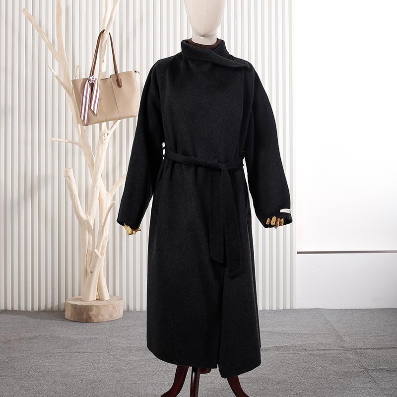 

New wool double-sided woolen coat women s long loose lace-up woolen coat S чорний