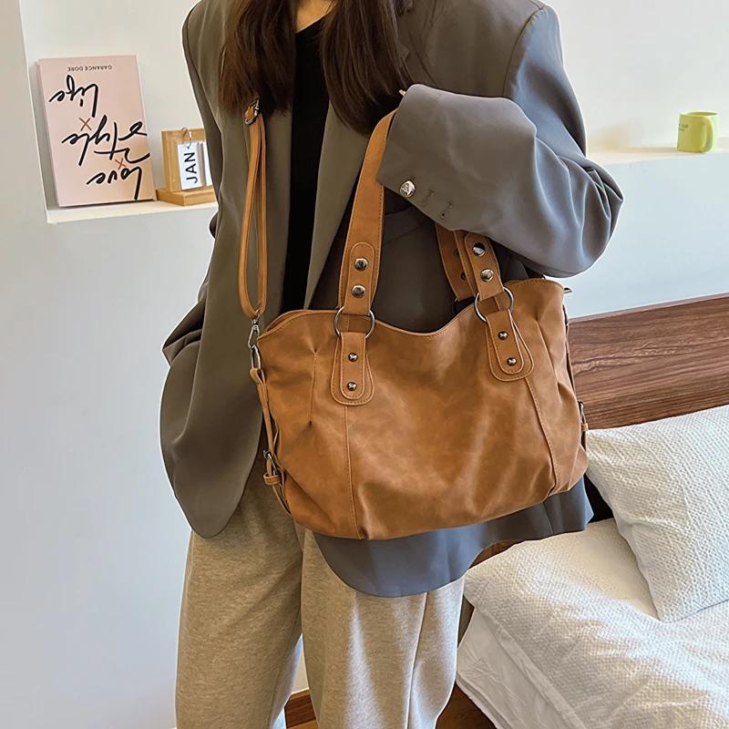 Retro Brown Nubuck Leather Messenger Bag For Women Big Travel Handbag Female Casual Simple Designer Shoulder Bag Sac A Main