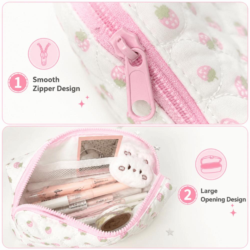 Durable Cream Strawberry Print Pencil Case Large Capacity Handheld Pen Bag Quilted Zipper Stationery Organizer Gift