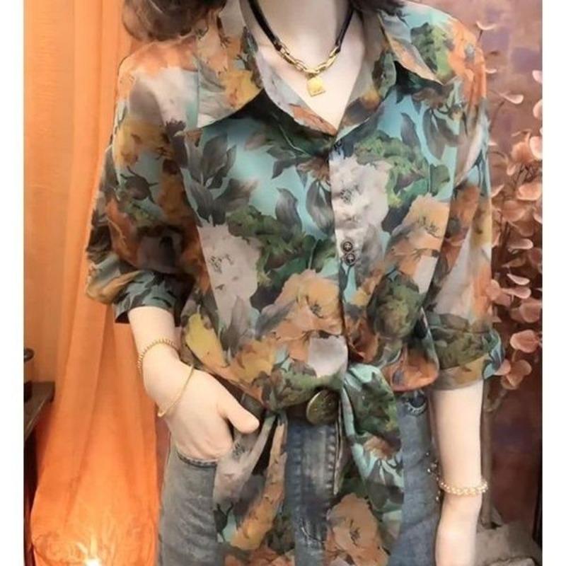 Fashionable Retro Printed Chiffon Blouses 2024 Summer New Women's Polo Neck Button Loose Simple Commute 3/4 Sleeve Shirts Tops