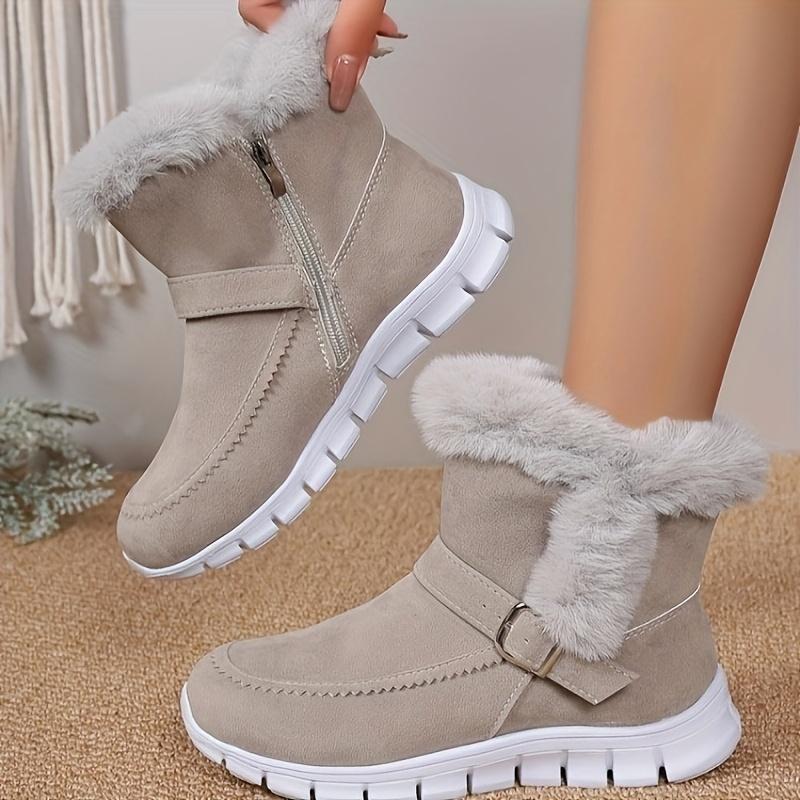 Winter Thermal Insulated Boots Warm Plush Lined Ankle Boots Fluffy Trim Side Zipper Boots Women'S Footwear