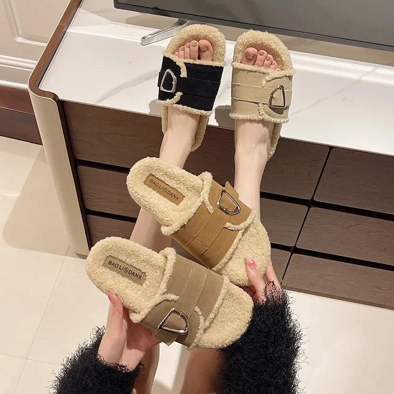 Fashion Women Cotton Slippers Autumn/winter Thick Soled Plush Slippers New Fashion Comfortable Belt Buckle Anti Slip Warm Slippers