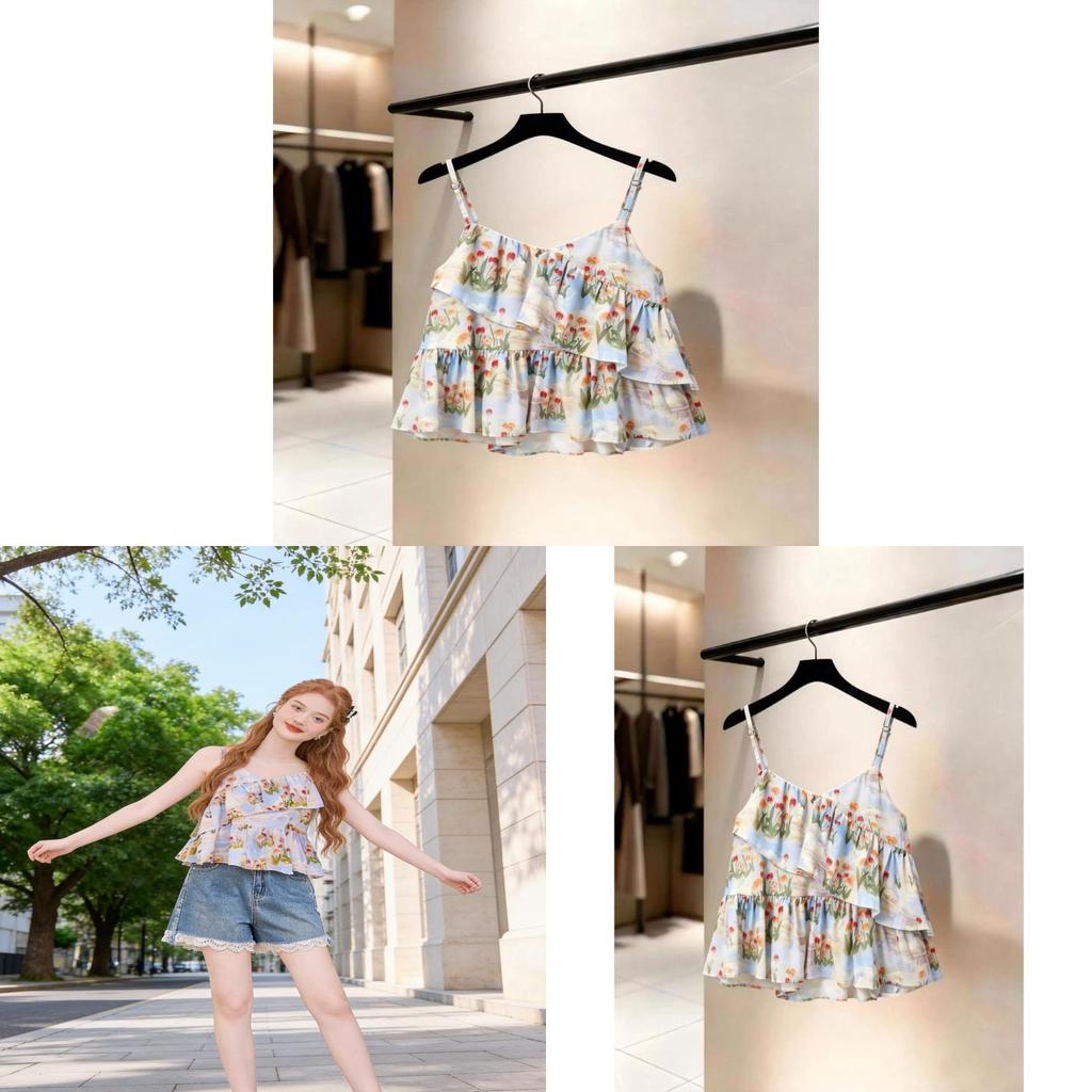 Summer Floral Ruffle Sleeveless Tank Top For Women With Polyester Fabric