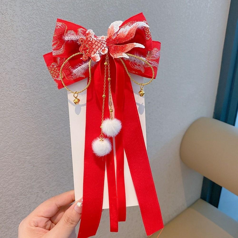 Red New Year Hairpin Ribbon Hanfu Hair Ornamen Holiday Bow Ribbon Hair Clip Festival