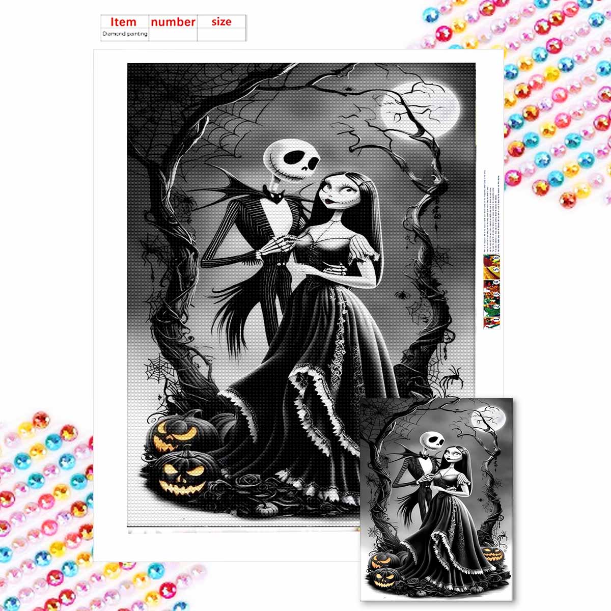 

Алмазная мозаика Красочная алмазная живопись Джек и его невеста Полная круглая вышивка Мультяшные креативные хобби Настенный декор Round 20x30cm