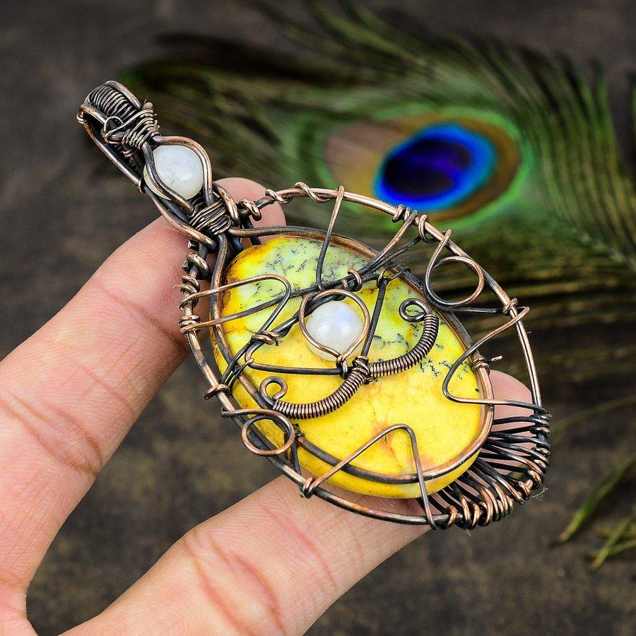 Yellow Dendritic, Moonstone Copper Wire Wrap Jewelry Pendant 3.55" L4U26
