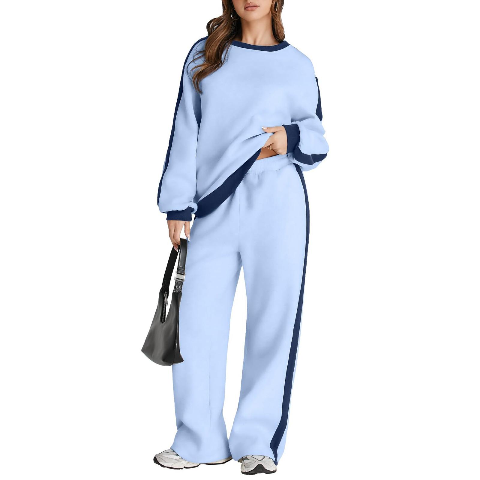 

Женский модный однотонный топ с длинными рукавами и круглым вырезом, повседневный комплект из двух предметов XXL светло-синий