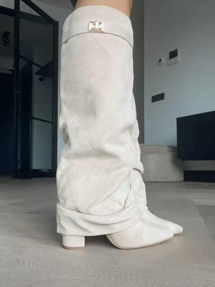 Botlar Kadın Ayakkabıları Kalın Topuklu Kadın Botları Katlanmış Pantolon Çizme Orta Sivri Düz Boru Büyük Beden Metal Toka