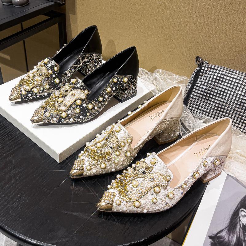 Mocassins Pointus Strass pour Femmes Élégant Tempérament Chaussures Simples Fait Main Talons Hauts Talons Épais Chaussures pour Femmes Zapatos Mujer