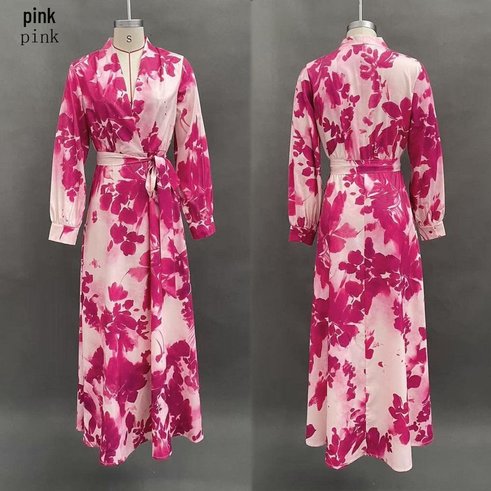 Spring 2026 European and American Style Elegant Printed Chiffon V-neck Tie-up Long Sleeve Dress