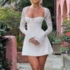 Elegantes, figurbetontes Minikleid für Damen, Spitze, langärmelig, weißes Kleid für Frühling und Sommer, tief ausgeschnittenes Rückenkleid zum Binden, Tunikakleid, Partykleidung